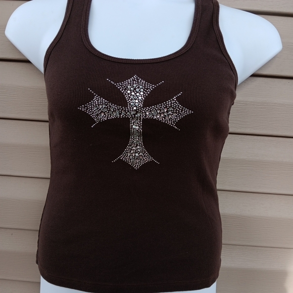 Vinatage Elegant Brown Tank Top with Rhinestone Cross Size S Or M - Picture 2 of 4